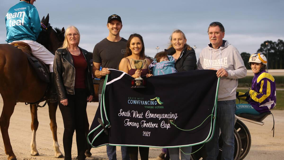 FLYING: Connections of Well Defined celebrate the win in the Terang Trotters Cup. Picture: Chris Doheny