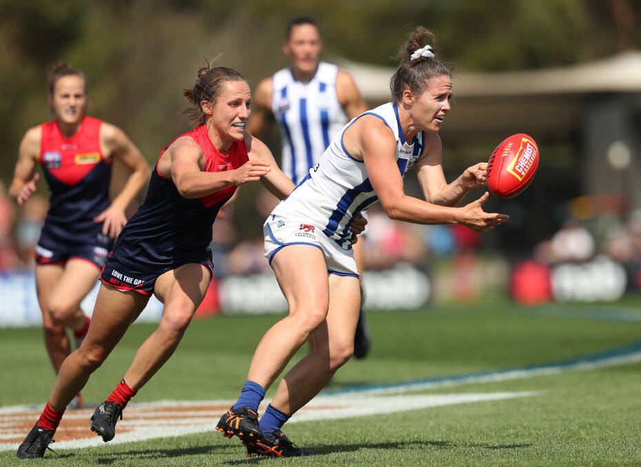 IN ACTION: Emma Kearney fires out a handball during the 2020 AFLW season. Picture: Getty Images