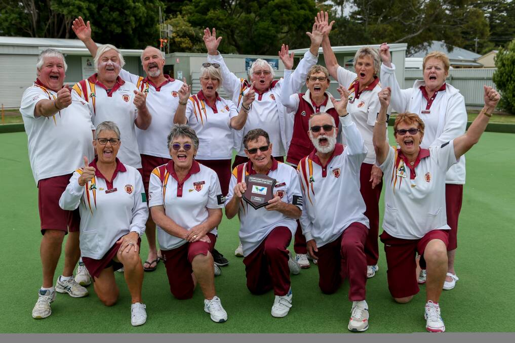 TOP JOB: Timboon Maroon celebrate its Western District Bowls Division top grade pennant victory. Picture: Chris Doheny