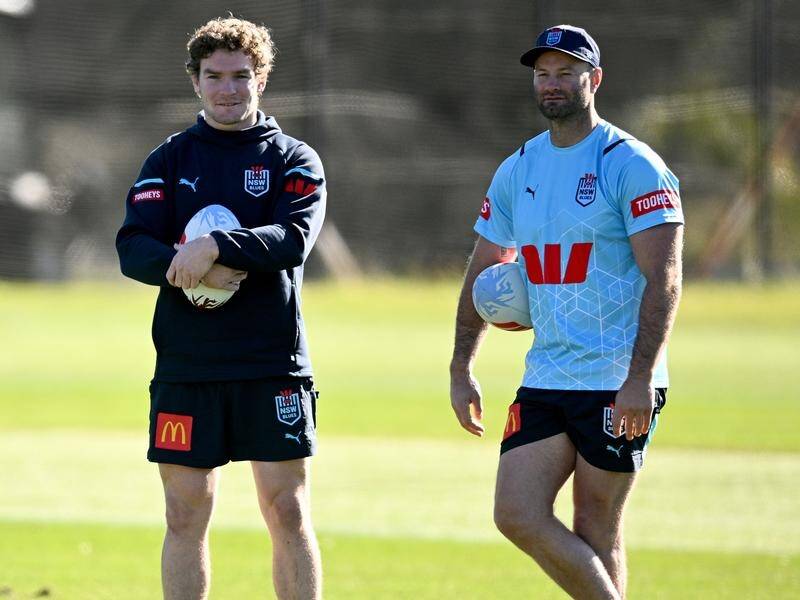 Penrith forward Liam Martin (L) was just a spectator on day one of Blues camp ahead of Origin II. (Dan Himbrechts/AAP PHOTOS)