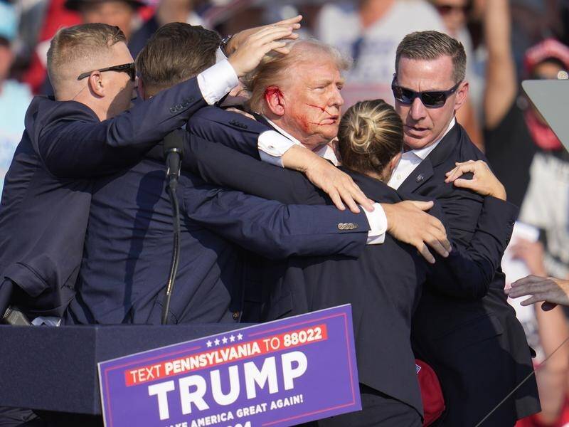 Secret Service agents make a human shield around Donald Trump after shots were fired at his rally. (AP PHOTO)