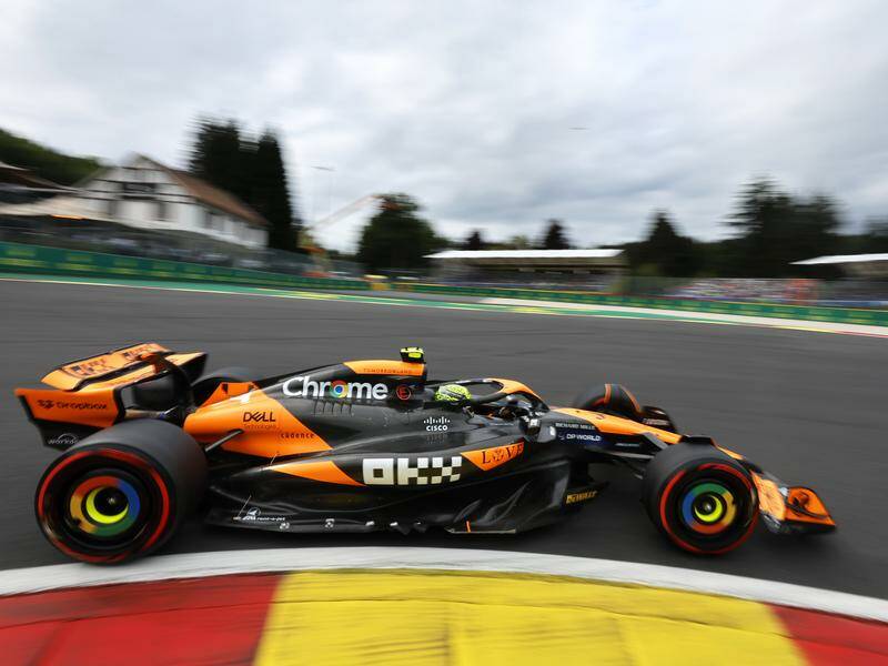 McLaren's Lando Norris corners at Spa on his way to setting the fastest time in second practice. Photo: AP PHOTO