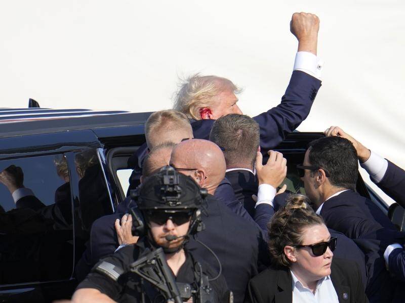 Donald Trump pumps his fist in the air after an apparent shooting at a campaign rally. (AP PHOTO)