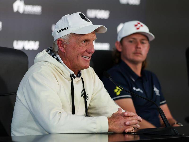 LIV Golf CEO Greg Norman speaks alongside world No.6 Cameron Smith in Adelaide. (Matt Turner/AAP PHOTOS)