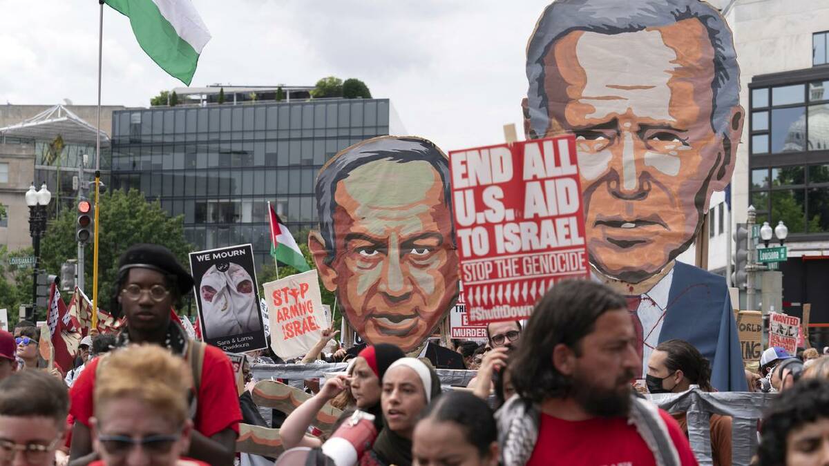 Pro-Palestine supporters railed against Benjamin Netanyahu during his visit to Washington. (AP PHOTO)