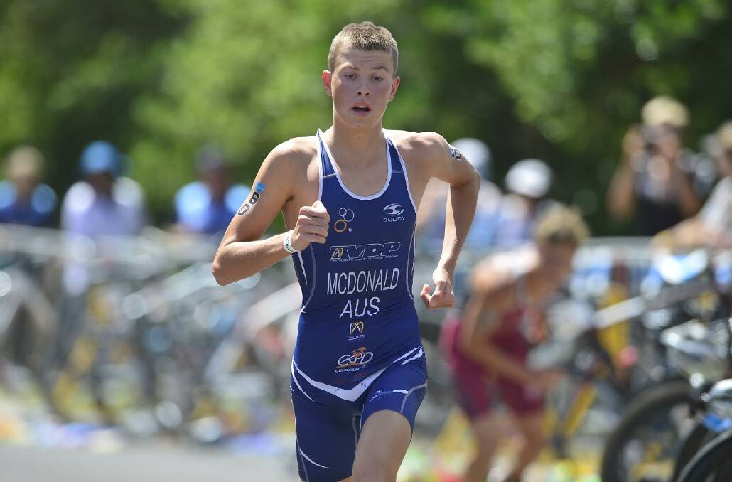 Kurt McDonald finishes first in his age group at the Australian Youth Triathlon Championships on the Sunshine Coast. Picture: STEPHEN HARMAN