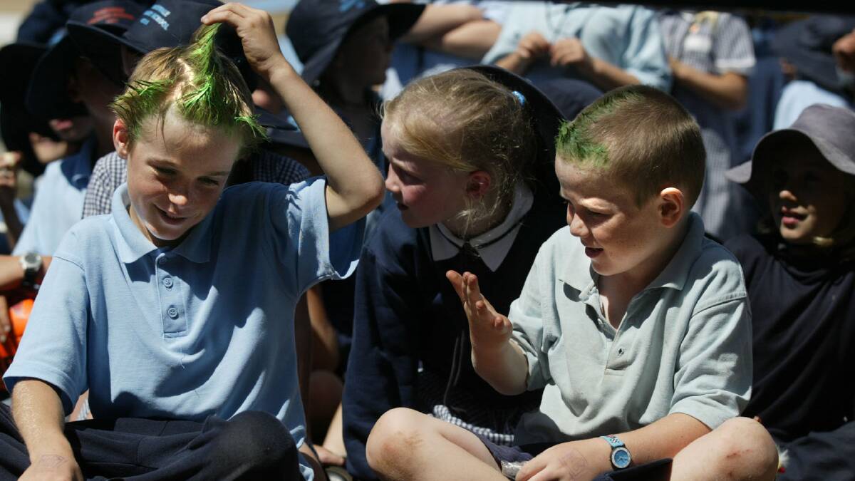 Grade two students Liam Priestley, 7 and friend Ryan Dix, 7, compare green painted hair dos.