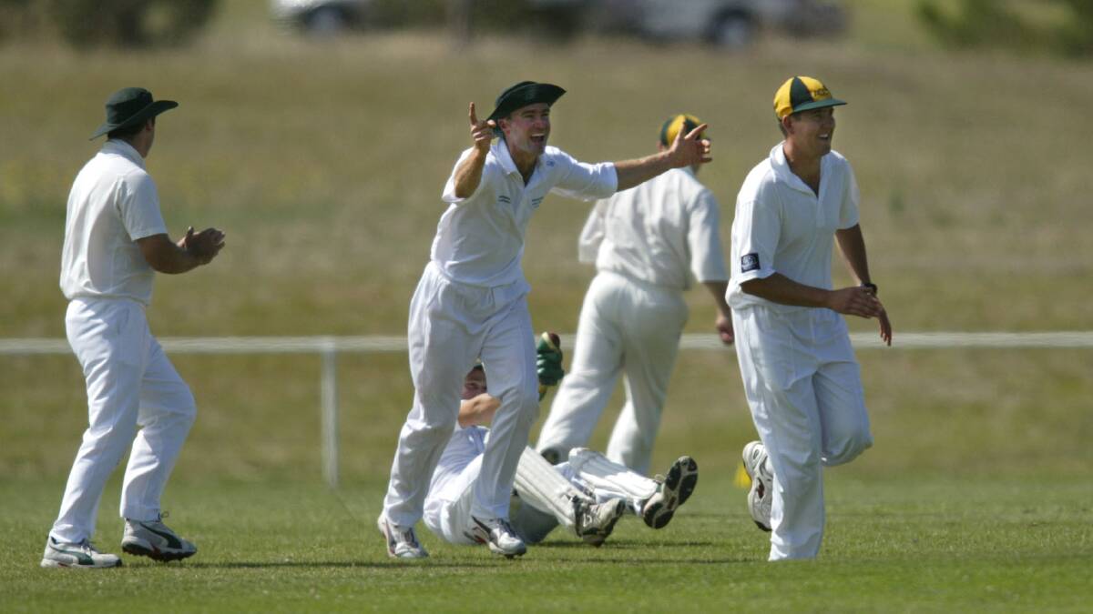 Allansford players celebrate taking Brett Tory's wicket in the WDCA semi-final between West Warrnambool and Allansford at Walter Oval.
