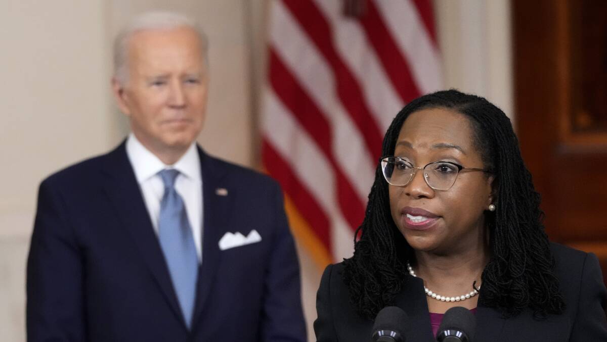 Judge Ketanji Brown Jackson makes brief remarks after US President Joe Biden introduced her as his nominee to the US Supreme Court on Friday. Picture: Getty Images