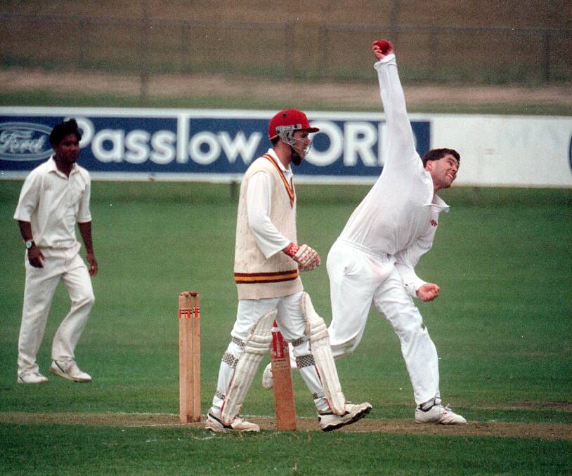 DELIVERY: Brett Buckell in full flight playing for Dennington during the 1996-97 season. Matthew Wilkinson from Nestles is the batsman.   
