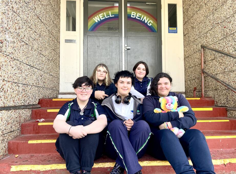 Members of Warrnambool College's Rainbow Club (Back) Izabelle Simms, Reign Marshall, (front) Monty Iriving, Sanura Iervasi, Winter Turner. Picture by Anthony Brady
