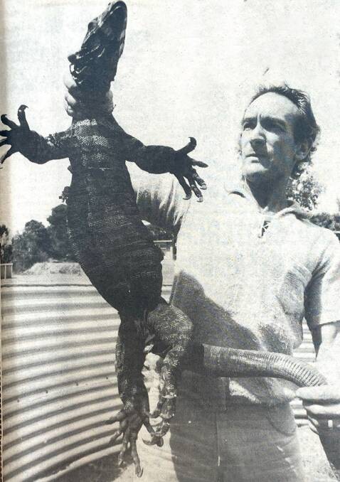 Barry Searle with a goanna in 1979. File picture.