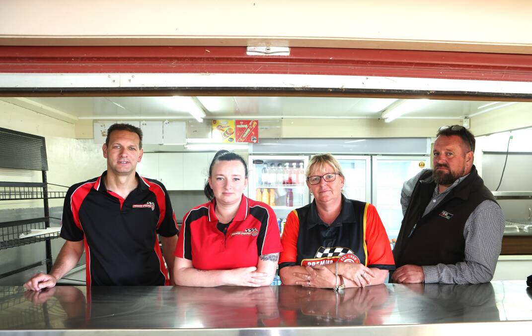 Premier Speedway members Michael Parry, Jess Billings, Kath Billings and Damien Billings are looking for a community organisation to help with the speedway canteen. Picture by Anthony Brady