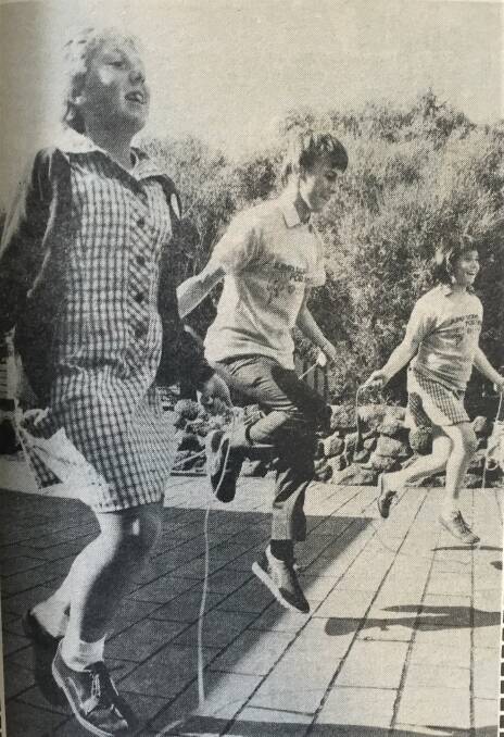 Toni Fox, Craig Hinkley and Kylie Beardsley doing Jump Rope For Heart at Warrnambool Technical School in 1984, 