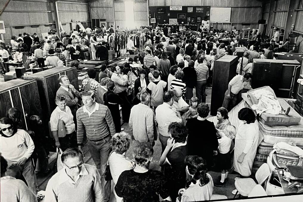 A huge crowd gathered at the Warrnambool Netball Stadium in 1983 for a White Elephant Sale. File Picture