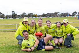 Western Victoria Female Football League under 18s grand final umpires. (front) Greg Kew, (back) Mellisa Graham, Zoe Graham, Bec Malseed, Charlie McNaughton, Sienna Bryon and Sharra McNaughton. Picture by Anthony Brady