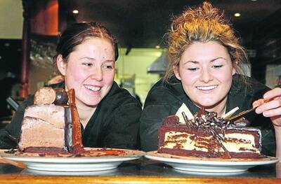Casey Romein  and Therese Freeman   enjoy some chocolate cakes.090930am18 Warrnambool Chocolate Week.Pictured from Images Restaurant cafe and cocktail bar -  holds a  chocolate mountain moussecake has a chocolate cheesecakeenjoy some cakes.  PICTURE: ANGELA MILNE