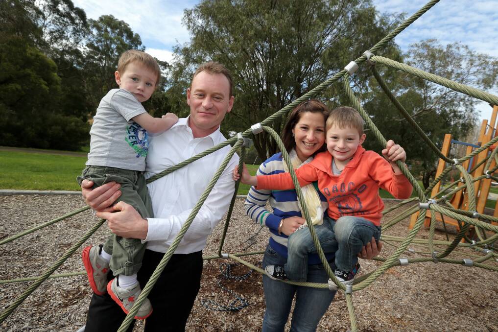 Corangamite Shire mayor Matt Makin with his wife Kate and children Oliver, 2, and Jasper, 5, at the Timboon Railway playground.  