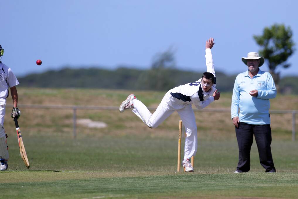 Warrnambool Gold bowler Jack Lynch delivers to Grassmere batsman Dan Clark in an Under 17 Country Week match. Picture: DAMIAN WHITE