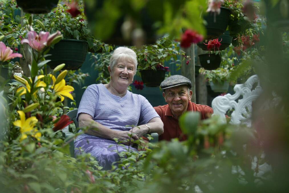 Margaret and John Nicolson in their backyard full of exotic plants.